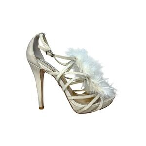 Badgley Mischka Gladys Ivory Suede Feather Stiletto Gladiator Heels 8.5 Bridal